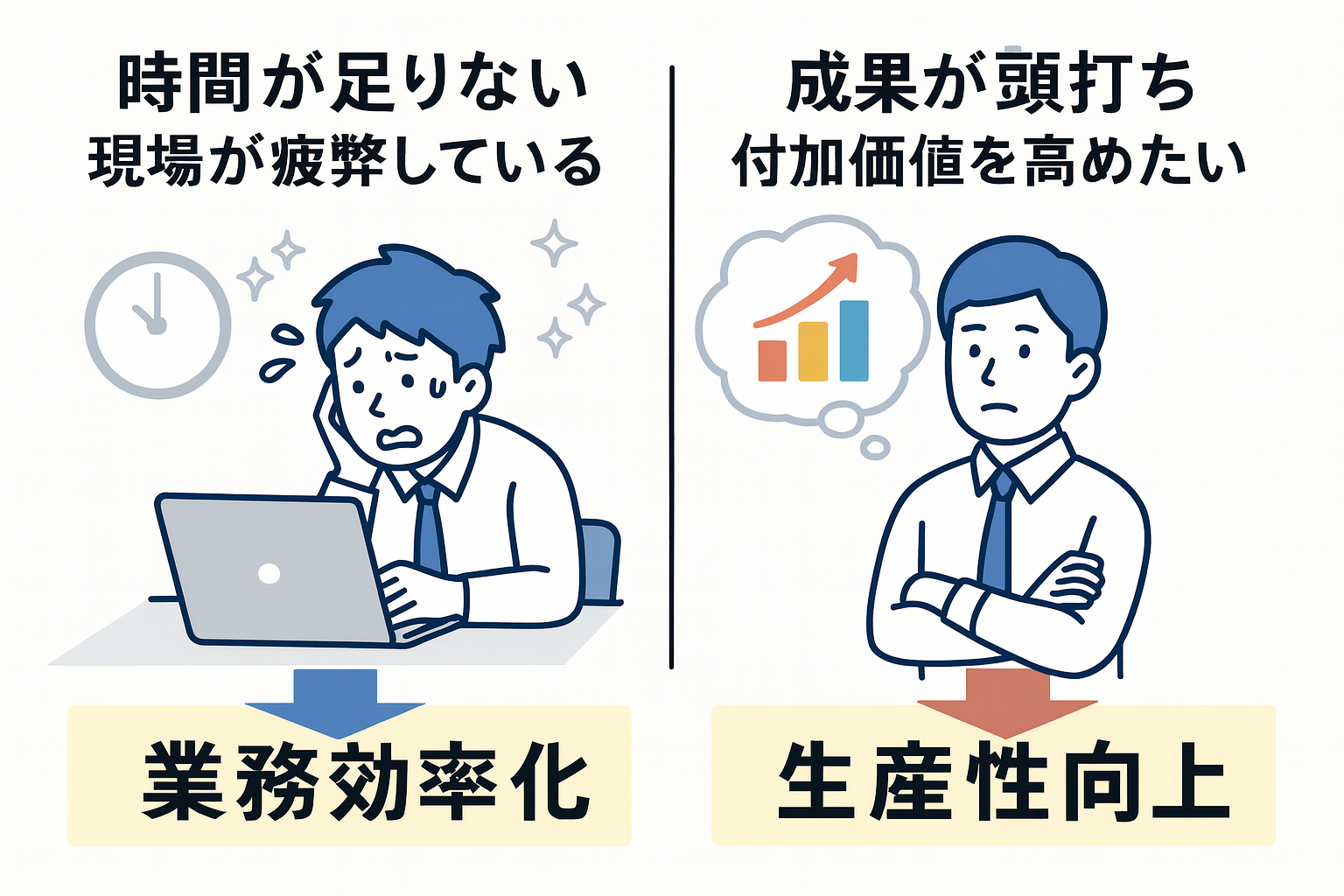 【図解でわかる】生産性向上と業務効率化の違いとは？意味・目的・施策を徹底比較！ | マニュLab -マニュラボ